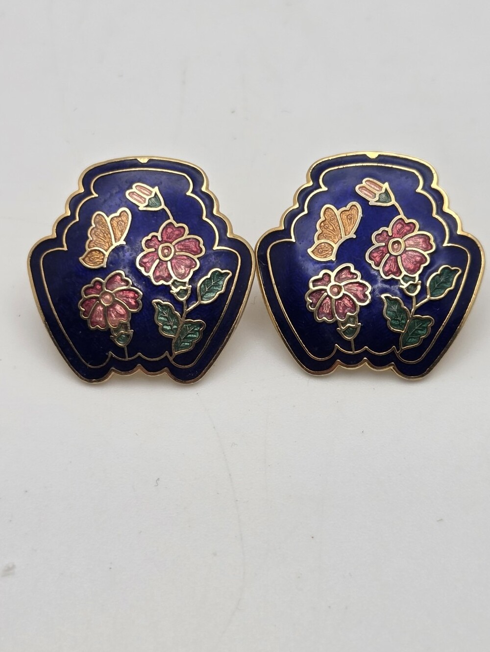 Vintage Cloisonné Enamel Butterfly Floral Stud Earrings Cobalt Blue Gold